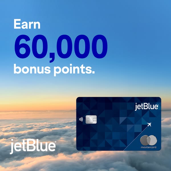 This image ad promotes the JetBlue credit card, highlighting a bonus points offer. The background features an image of a