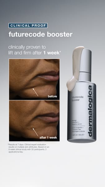 This ad for dermalogica's futurecode booster features a before and after shot of a woman's skin after using the 