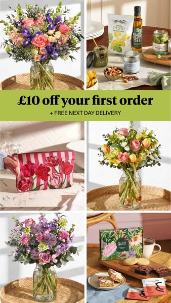 This ad showcases a variety of Bloom & Wild's products, from floral arrangements to gift sets and add-ons, empha