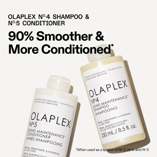 The ad features Olaplex No. 4 Shampoo and No. 5 Conditioner, emphasizing that the hair will be 90% smoother and more con