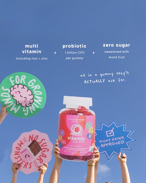 This ad for Little Harvest Multi Vitamin for Kids uses a photo of the product and highlights its key features. It also f