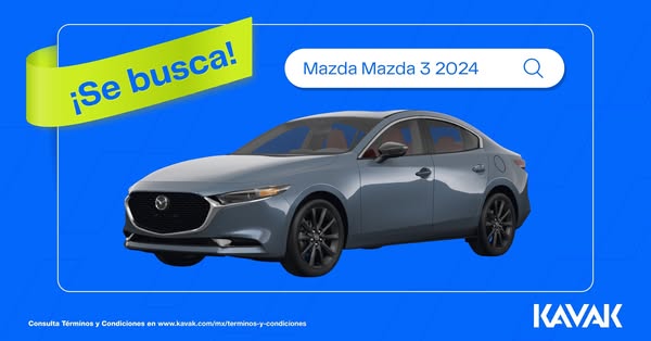 This ad for Kavak features a 2024 Mazda 3. The visual style resembles a search engine, and a green banner appears to say