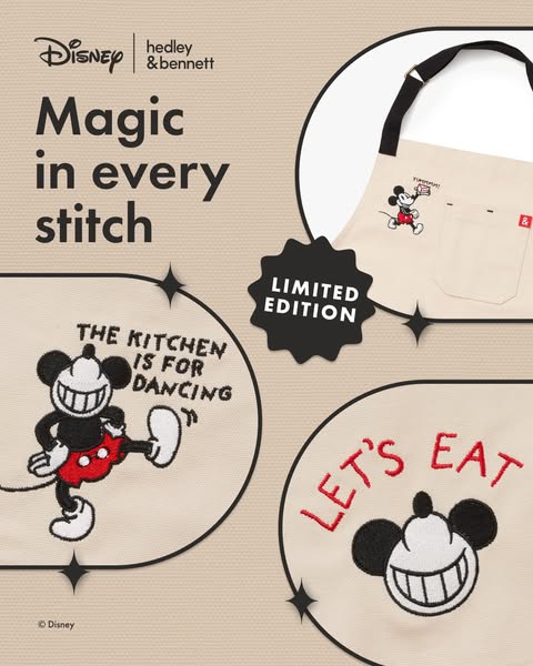 This ad is for a Disney and Hedley & Bennett collaboration featuring aprons with Mickey Mouse designs. The ad highli