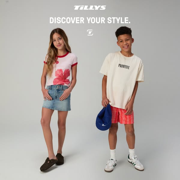 This ad by Tillys features a boy and a girl modeling clothing and shoes available at Tillys.