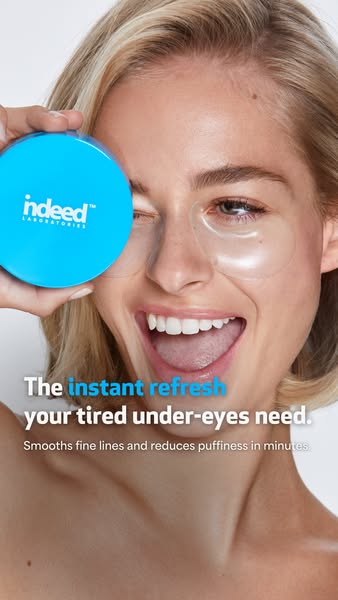 An image ad for Indeed Laboratories eye masks shows a smiling woman winking with the eye masks on. The ad claims that th