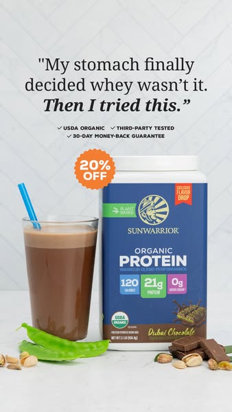 This ad features a testimonial from a customer who switched to Sunwarrior protein due to stomach issues with whey protei