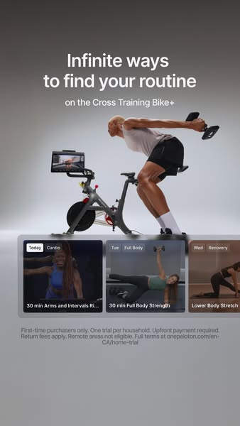 This ad highlights Peloton's Cross Training Bike+ and the variety of workout routines that can be done using the equ