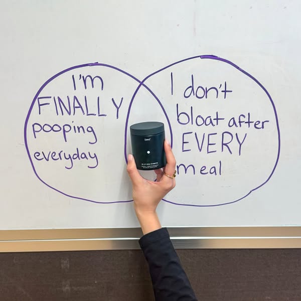 This image ad uses a Venn diagram drawn on a whiteboard to illustrate the benefits of using Seed probiotic supplements. 