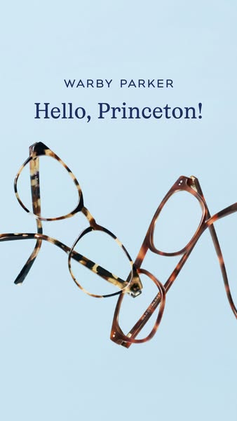 This image ad for Warby Parker features a blue background with a minimalist design. Two pairs of tortoiseshell glasses a