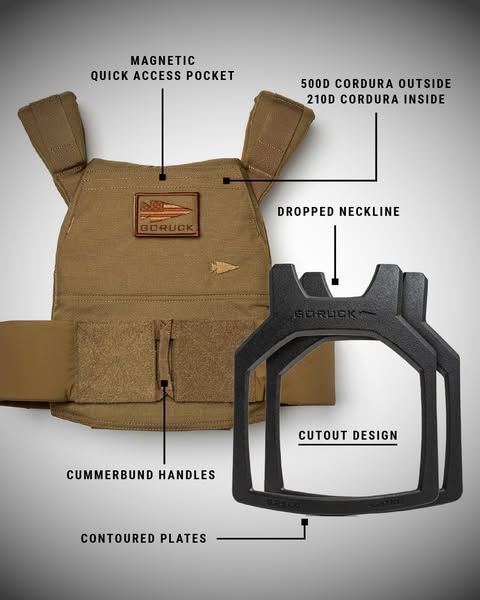 This ad showcases the various features of a tactical weight vest and its components, emphasizing high-quality materials 