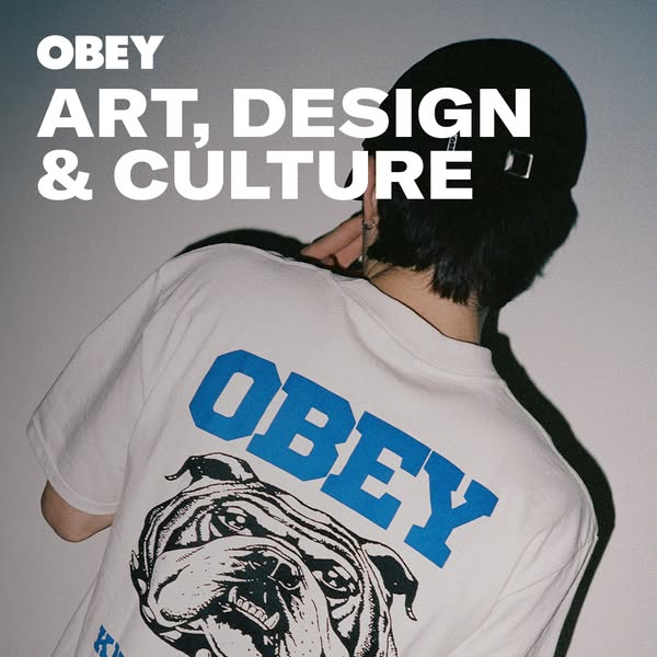 This image ad showcases a white t-shirt from OBEY featuring the brand's name above a bulldog graphic. The ad also fe
