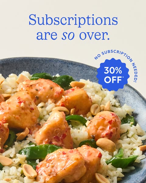 An image ad that is promoting a food service that does not require subscriptions and is offering 30% off.