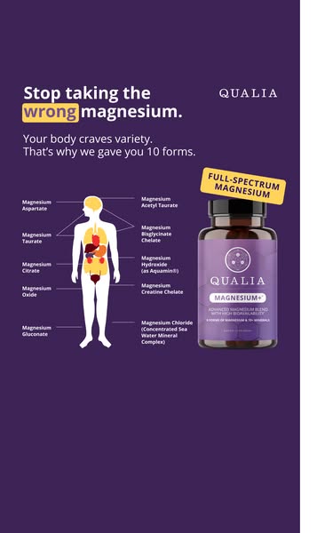 This image ad is for Qualia full-spectrum magnesium. It states that people should stop taking the wrong magnesium. It th