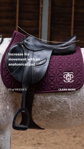 This ad showcases a saddle pad that has an anatomical design that will help increase a horse's movement.