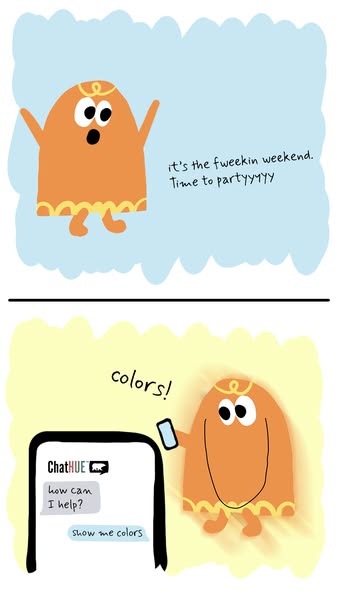 This ad depicts a cartoon character who is excited about the weekend and explores color options with the ChatHUE app.
