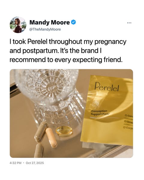 This ad features a social media post by Mandy Moore recommending Perelel Conception Support Pack supplements for use thr