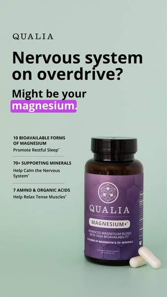 This ad for Qualia Magnesium+ highlights the product's features and benefits, emphasizing its ability to promote res