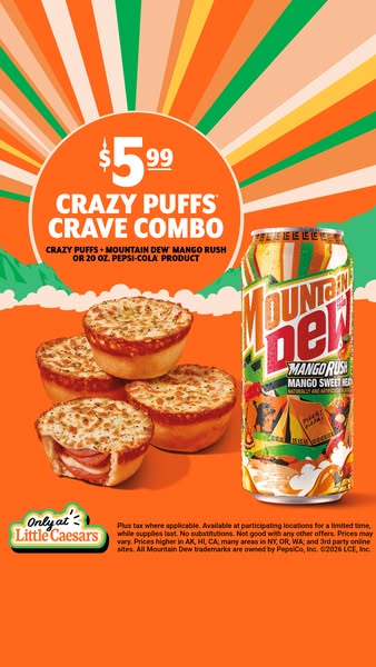 The ad promotes the Crazy Puffs Crave Combo at Little Caesars. The combo includes Crazy Puffs and Mountain Dew Mango Rus