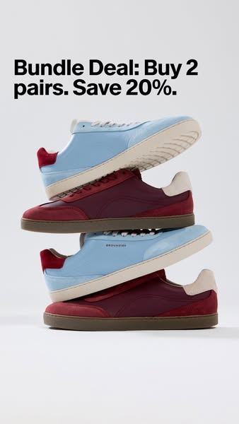 This ad showcases a bundle deal for two pairs of Groundists shoes, offering a 20% discount. The shoes are stacked on top