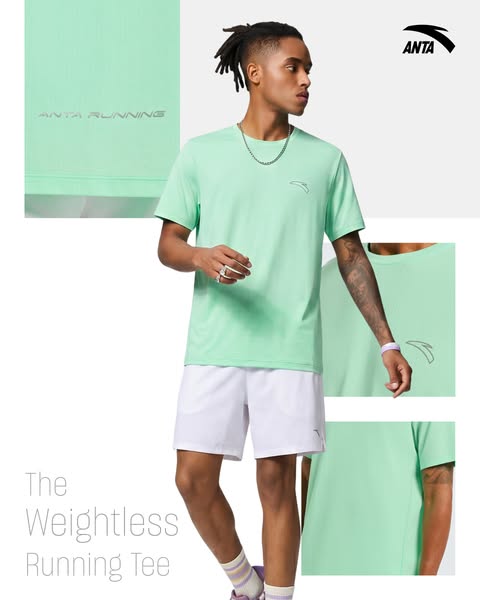 This ad showcases a light green ANTTA running shirt. The headline highlights its weightless feel, appealing to athletes 