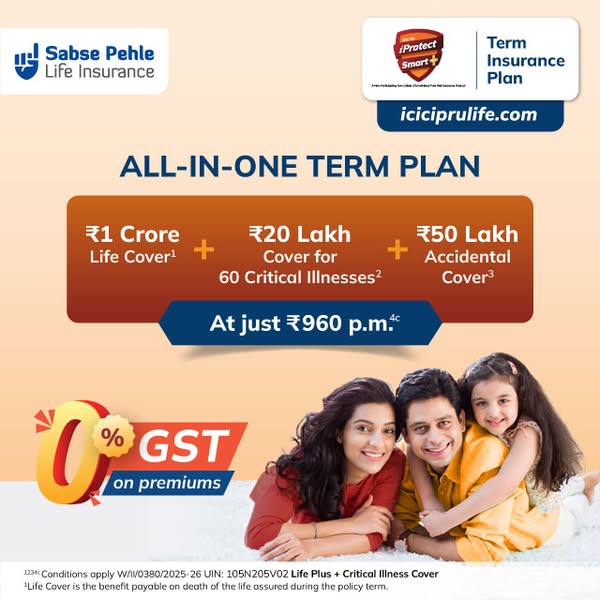 This image ad promotes ICICI Prudential Life Insurance, highlighting their all-in-one term plan. The ad emphasizes compr
