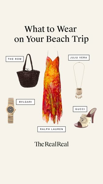 The ad showcases a curated collection of luxury items suitable for a beach trip, featuring clothing, accessories, and fo