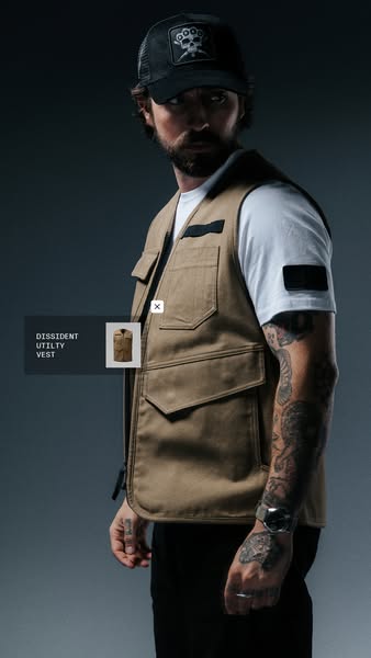 This image ad features a man modeling a tan utility vest from a brand that seems to focus on tactical and streetwear-ins