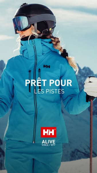 This ad features a woman wearing Helly Hansen ski apparel on a snowy mountain. It aims to resonate with people intereste