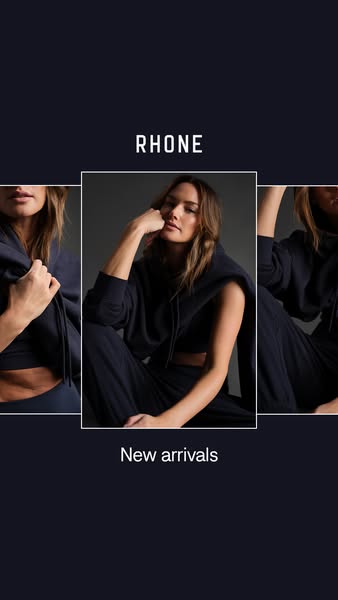 This ad showcases Rhone's new arrivals, featuring a model wearing a black lounge set. The ad is visually simple and 