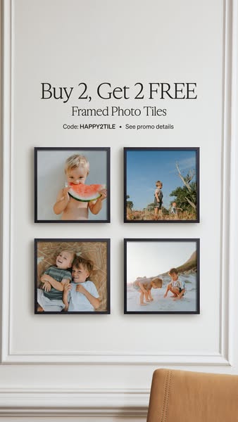 Ad for framed photo tiles includes a promotional offer of Buy 2, Get 2 FREE using a discount code.