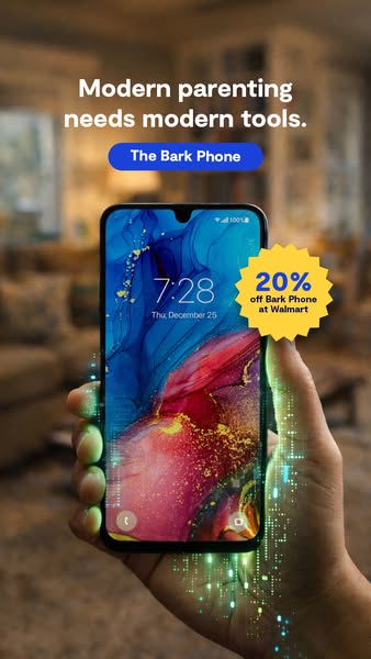This ad for the Bark Phone shows a hand holding the phone with the lock screen visible. The ad states that modern parent