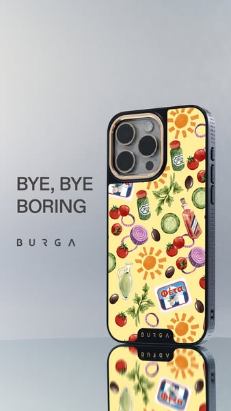 This ad showcases BURGA phone cases. The ad features a phone case that has an ingredient design on it, highlighting that
