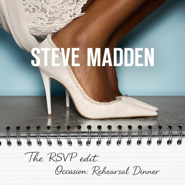 This ad for Steve Madden shoes features a close-up shot of a pair of white, embellished heels, promoting them as part of