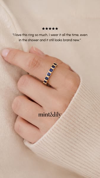 This image ad showcases a five-star review for a ring from Mint & Lily. The review emphasizes the ring's durabil