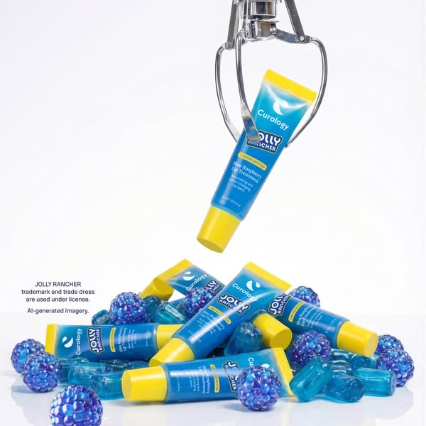 This ad features a visually engaging product showcase with a claw machine element, promoting Curology's limited edit