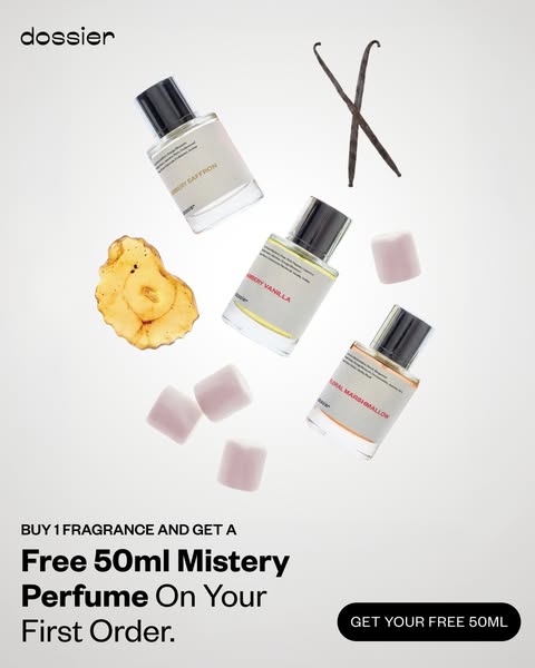 This ad promotes Dossier perfumes and offers a free 50ml mystery perfume on the first order.