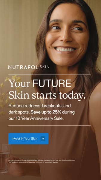 This Nutrafol ad features a woman with clear skin, highlighting that the product can help with redness, breakouts, and d