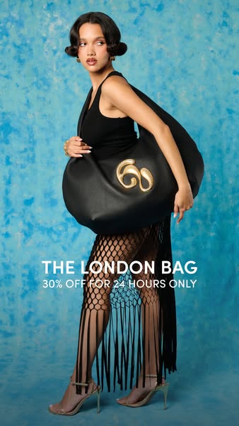 The ad features a model showcasing "The London Bag" against a textured blue backdrop. A limited-time offer of 