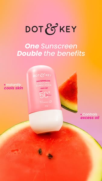 This is a Dot & Key image ad promoting their watermelon cooling sunscreen. The ad highlights that the product provid