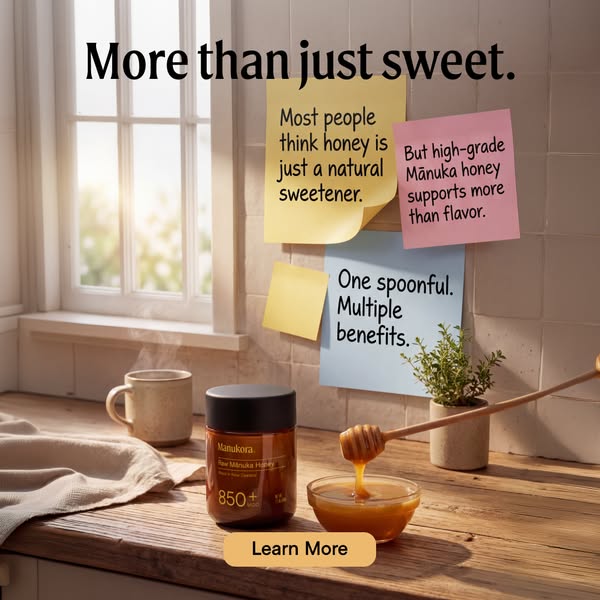 This ad promotes Manukora Raw Mānuka Honey. The ad conveys that Manukora's honey is more than just sweet through the