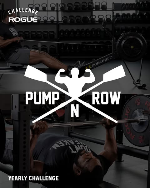 This image ad promotes a yearly fitness challenge from Rogue Fitness that combines pumping iron and rowing.