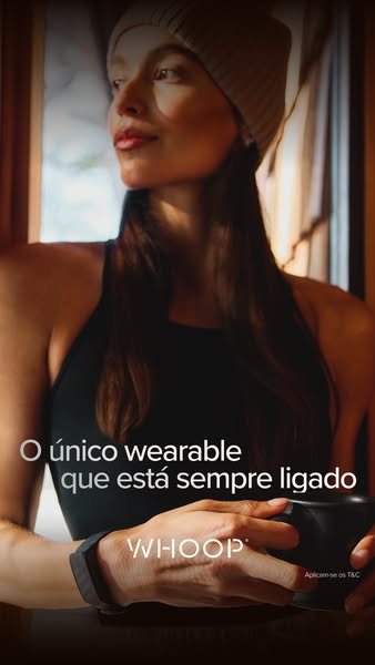 This image ad features a woman wearing a Whoop fitness tracker. The ad highlights the always-on nature of the wearable d