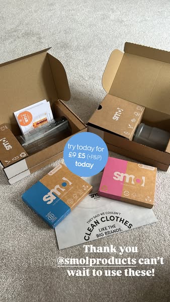 This image ad showcases Smols cleaning products, displayed as recently unboxed by a customer. The layout includes boxes 