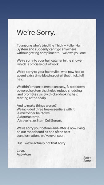 This image ad utilizes an open-letter format, appearing as if it were a note pinned to a wall. Act+Acre humorously apolo