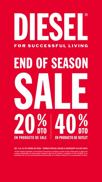 This image ad for Diesel promotes an end-of-season sale with discounts of 20% on sale items and 40% on outlet items. The
