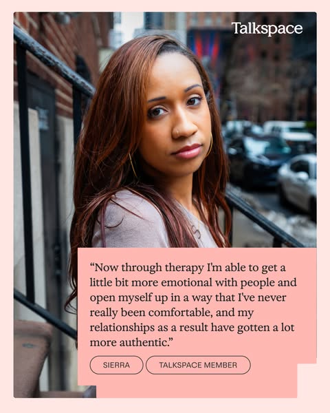 This ad uses a testimonial from a Talkspace user who shares how therapy has helped her become more emotional and open wi