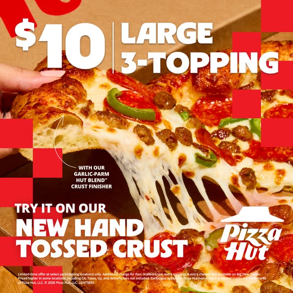 This image ad promotes Pizza Hut's large 3-topping pizza for $10, emphasizing its new hand-tossed crust and garlic-p