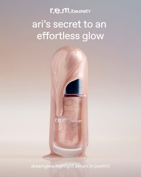 This ad features r.e.m. beauty's dreamglow highlight serum in QUARTZ, highlighting its ability to create an effortle