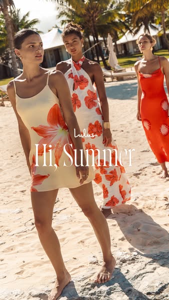 The ad shows three women on a beach, wearing dresses from Lulus. The focus is on the dresses and the overall summer aest
