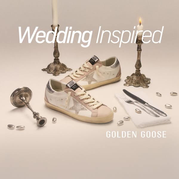 This ad features a pair of Golden Goose sneakers, styled to suggest they would be wedding-appropriate footwear.